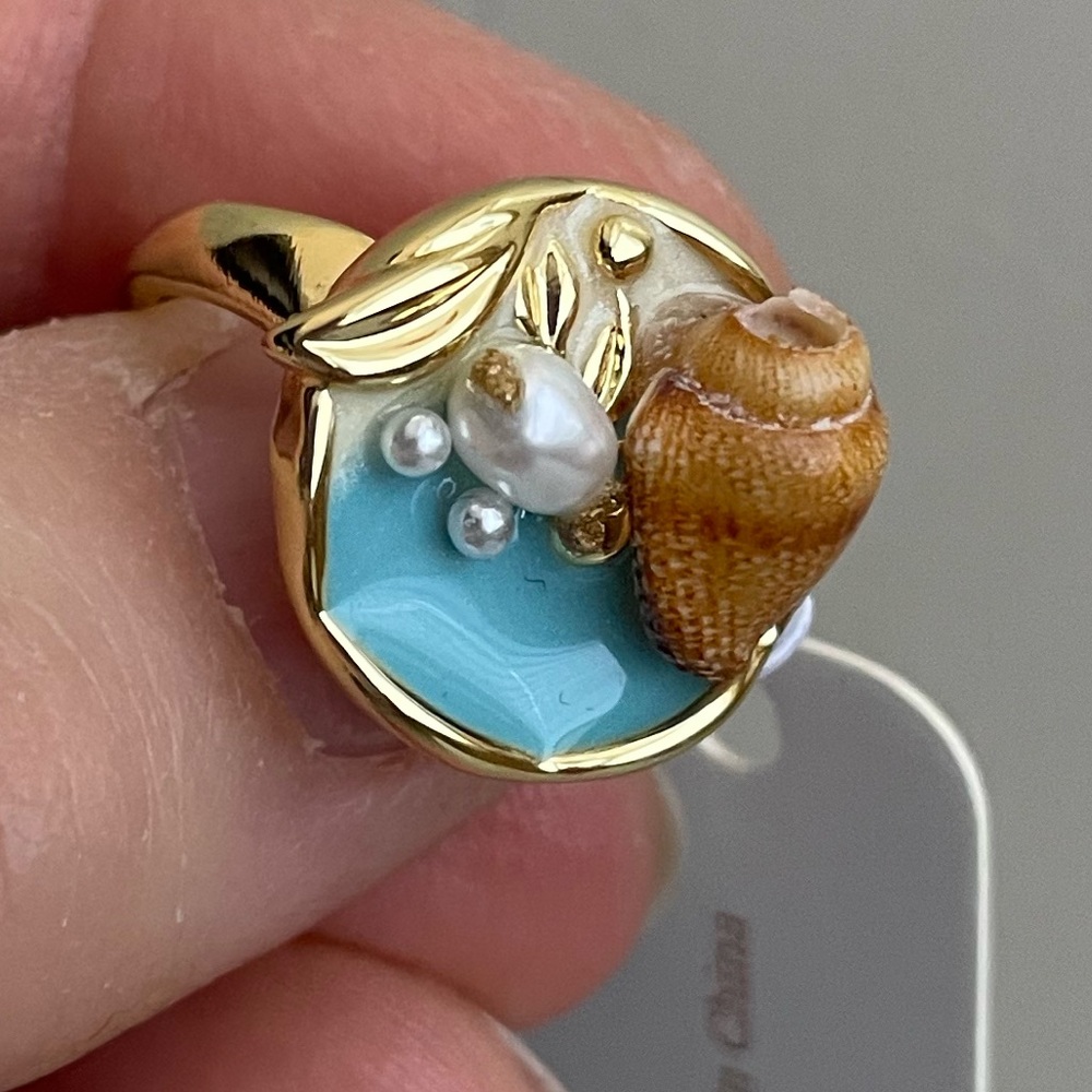 LAMENO Freshwater Pearl Sea Shell Ring in Blue and Gold - Picture 5 of 10